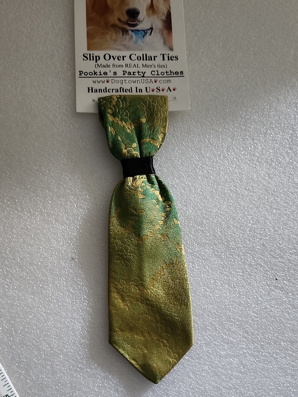 Hand Crafted Green and Gold Slip-Over Dog Tie